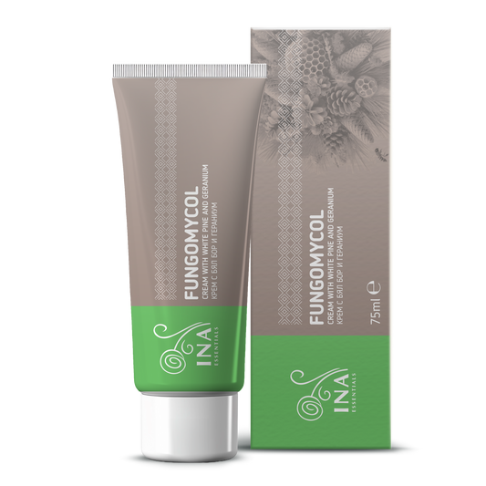 Krema 2 v 1 za glivice na nohtih in suho, razpokano kožo - z divjim borom, sečnino in geranijo