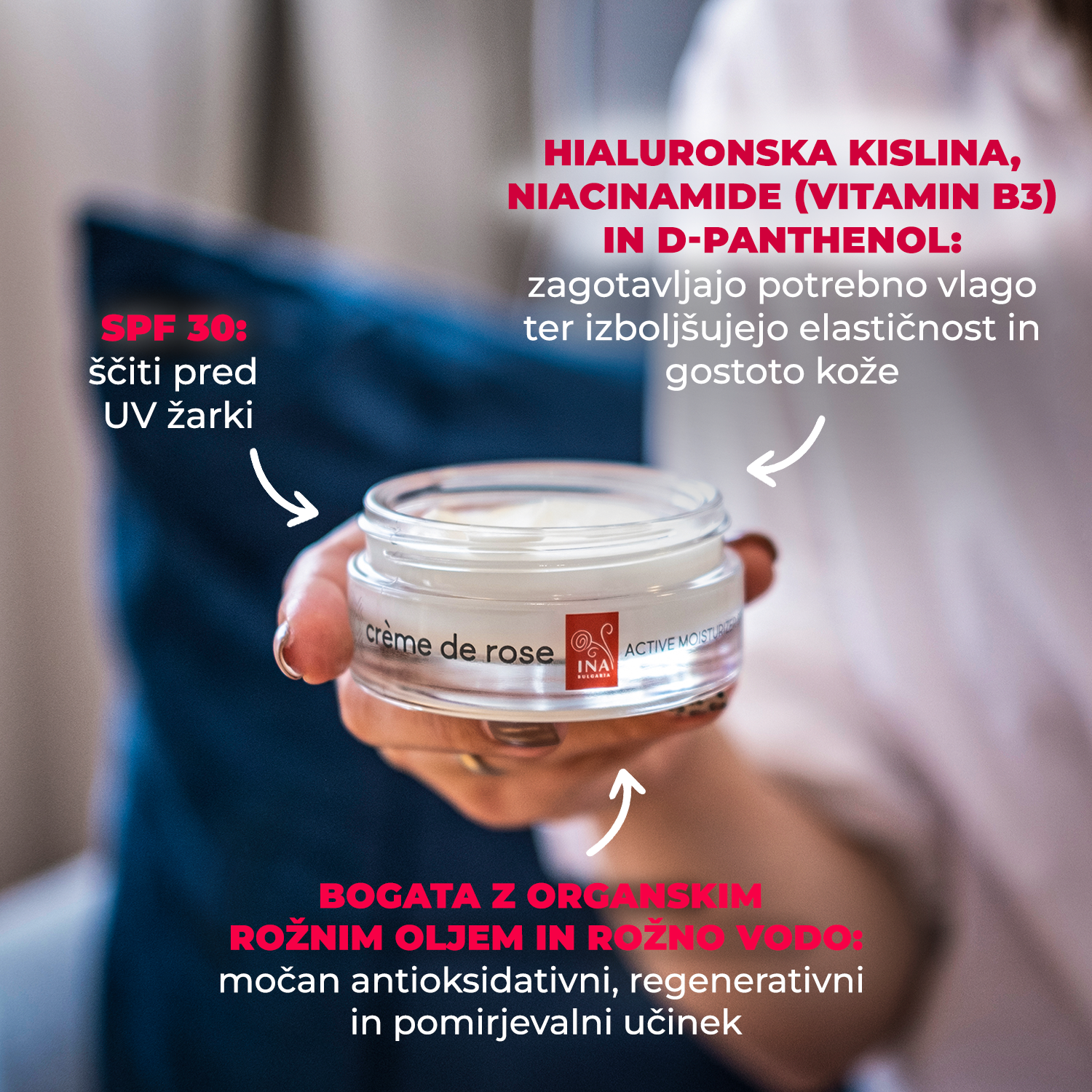 Crème de rose - aktivna Vlažilna Krema z zaščitnim faktorjem SPF30 - močno obogatena z organskim eteričnim oljem Vrtnice