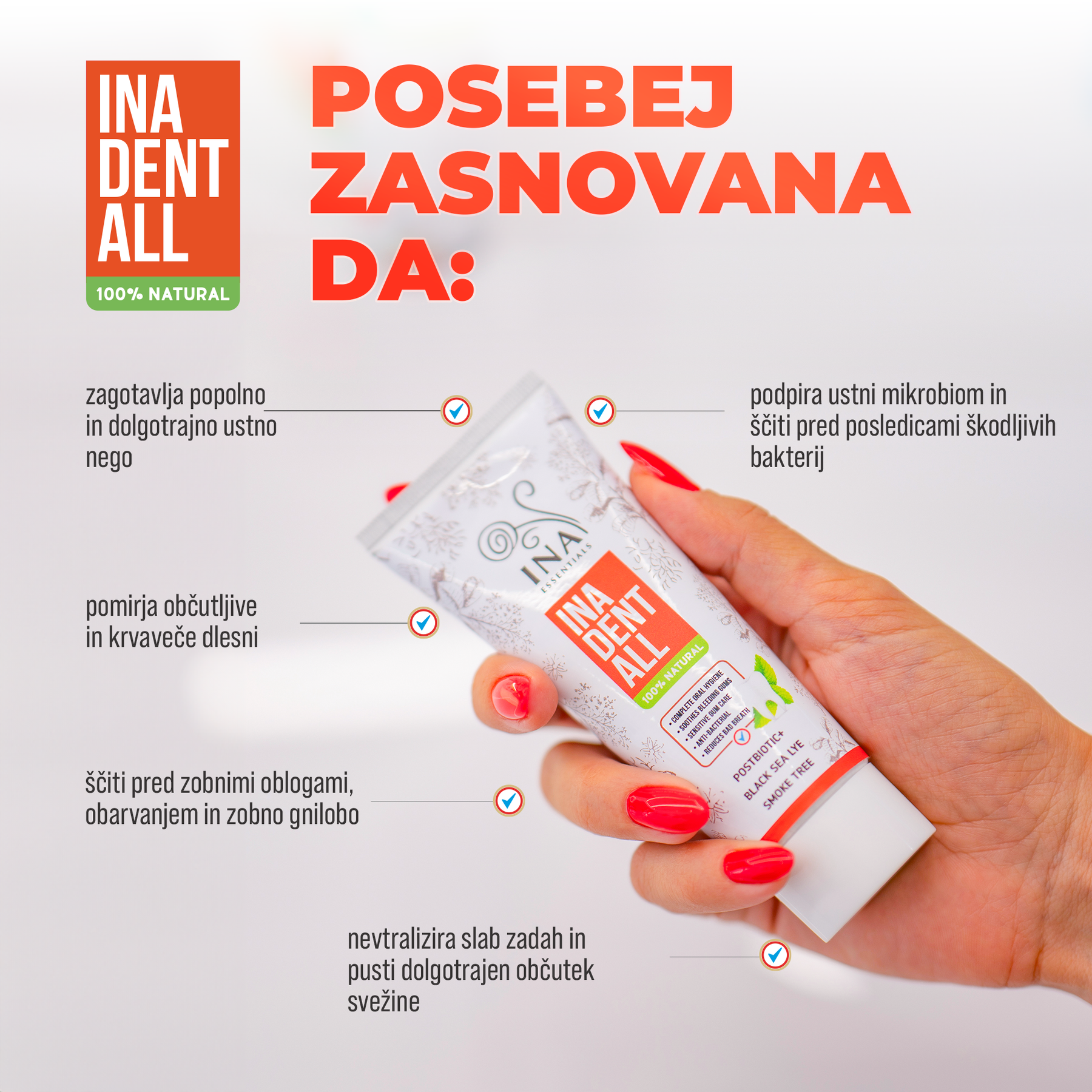 Naravna Zobna Pasta brez Fluoridov z Divjim Rujem, Črnomorskim Mineralnim Izvlečekom in Postbiotikom - Ina Dent-All