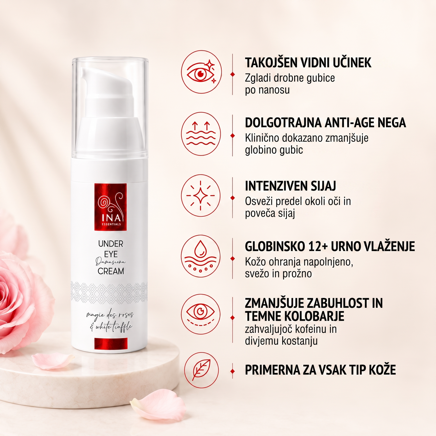 Premium Krema za Predel Okoli Oči Proti Staranju z Vrtnico - Rose Eye Lift